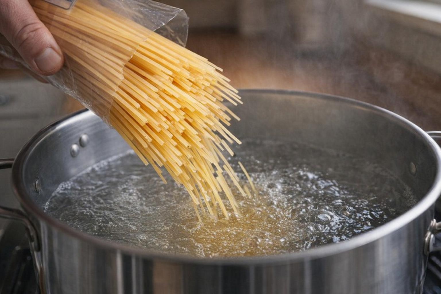 A close-up shot of dry spaghetti noodles being poured into a large stainless steel pot filled with water